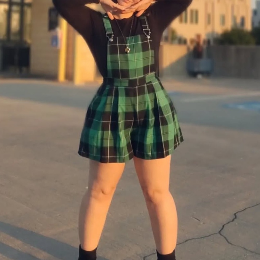 ModCloth Collectif London Play All Day Green Plaid Overall Shorts
